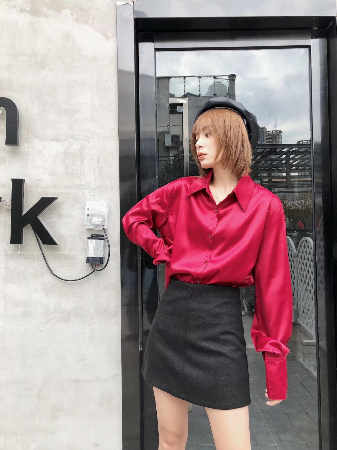 2021 Bright Wine Red Long sleeve Satin Shirt Like Silk Casual Women Lapel Hem Irregular Elegant Blouse Loose Tops Korean Clothes, White
2021 Bright Wine Red Long sleeve Satin Shirt Like Silk Casual Women Lapel Hem Irregular Elegant Blouse Loose Tops Korean Clothes, White