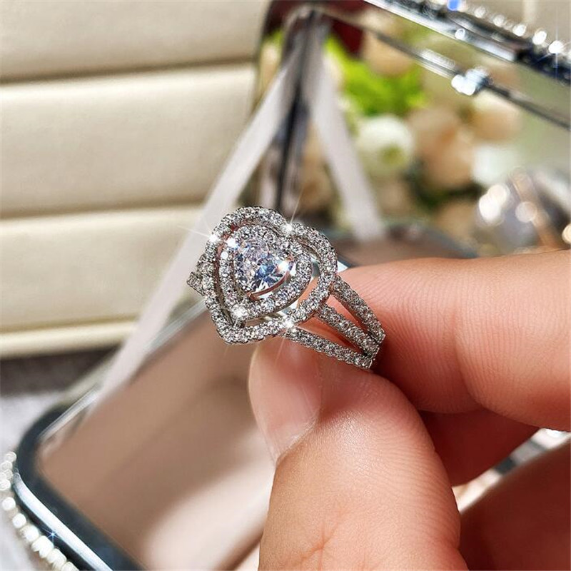 Ins Top Sell Wedding Rings Luxury Jewelry 925 Sterling Silver Handmade Pave White Sapphire CZ Diamond Gemstones Eternity Women Bridal Heart Ring For L