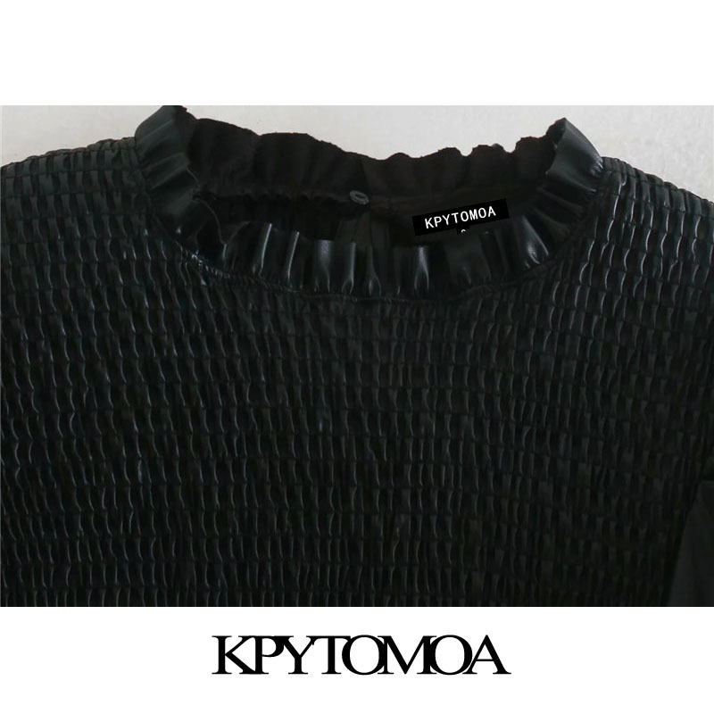 KPYTOMOA Women Fashion Faux Leather Elastic Smocked Cropped Blouses Vintage Three Quarter Sleeve Ruffled Female Shirts Chic Tops 210225