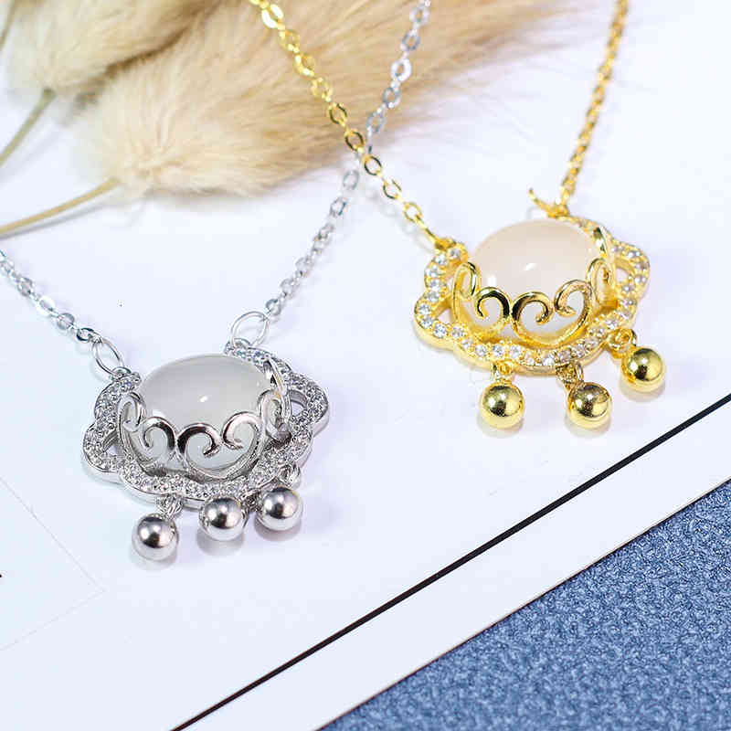 S925 Silver Japanese and Korean White Jade Pith Long Life Lock Necklace Water Drop Temperament Auspicious Cloud Safe Clavicle Chain