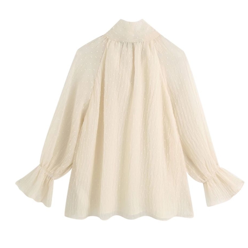 Woman Dot Flocking Chiffon Loose Shirt Femme Stand collar bow tie Blouse Casual Lady Lantern Sleeve Tops Smock Blusas S7962 210225