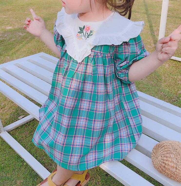 Korean Style Little Girls Embroidery Dresses Children Clothing Girl Korea Dress Baby Summer Plaid Frocks Kids Outfits 210615