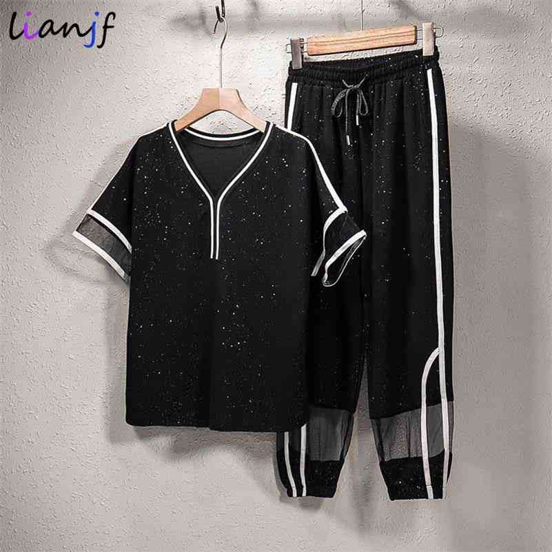 Summer Striped Lace Mesh Sleeve T-shirts+pants Casual Western Style Loose And Thin Mesh Stitching Two-piece Woman Suit 210709, Black
Summer Striped Lace Mesh Sleeve T-shirts+pants Casual Western Style Loose And Thin Mesh Stitching Two-piece Woman Suit 210709, Black