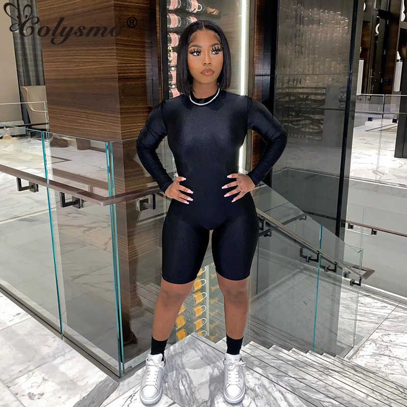 Colysmo Black Romper Shorts Long Sleeve Zipper Solid Color Crewneck Bodycon Fitness Overalls Women Sportwear Sexy Casual Outfits 210527