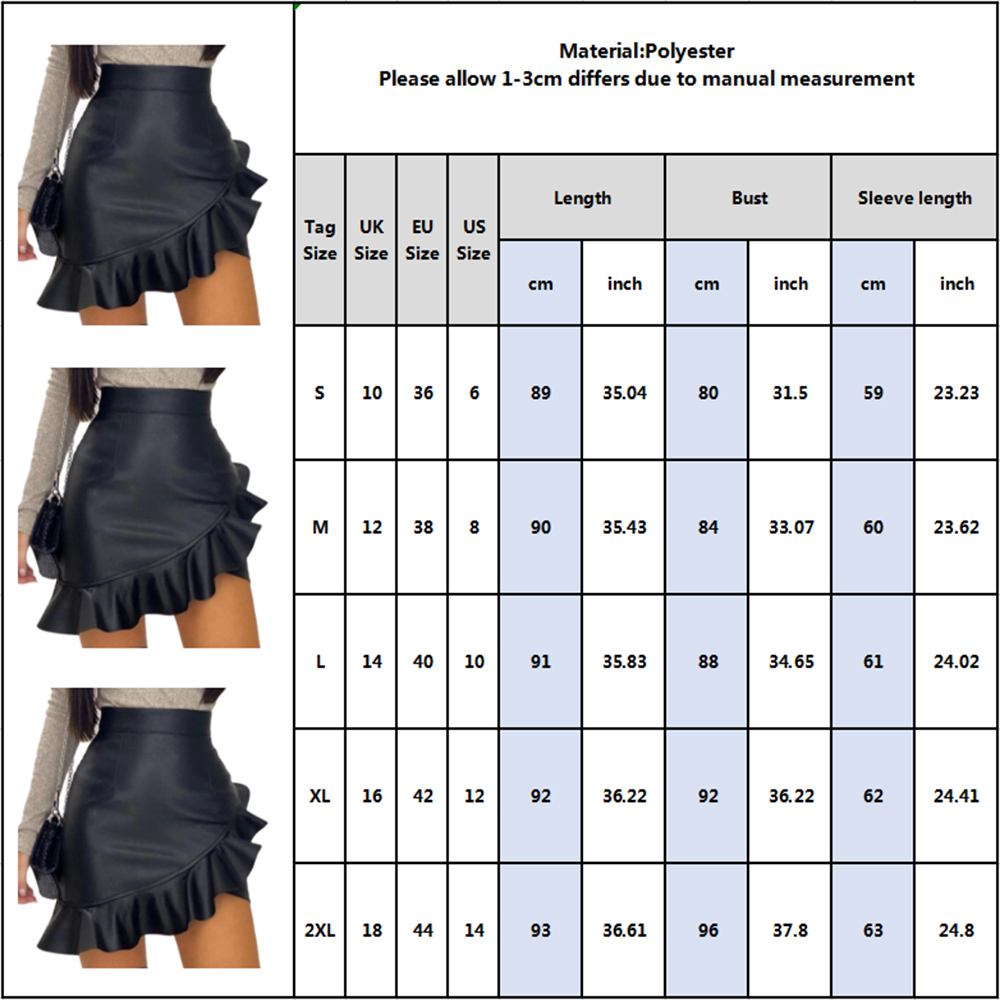 Sexy Leather Pu Skirt For Ladies Black Ruffle Asymmetric Women Mini Skirt High Waist Flare Fashion Office Female Skirt D25 210303