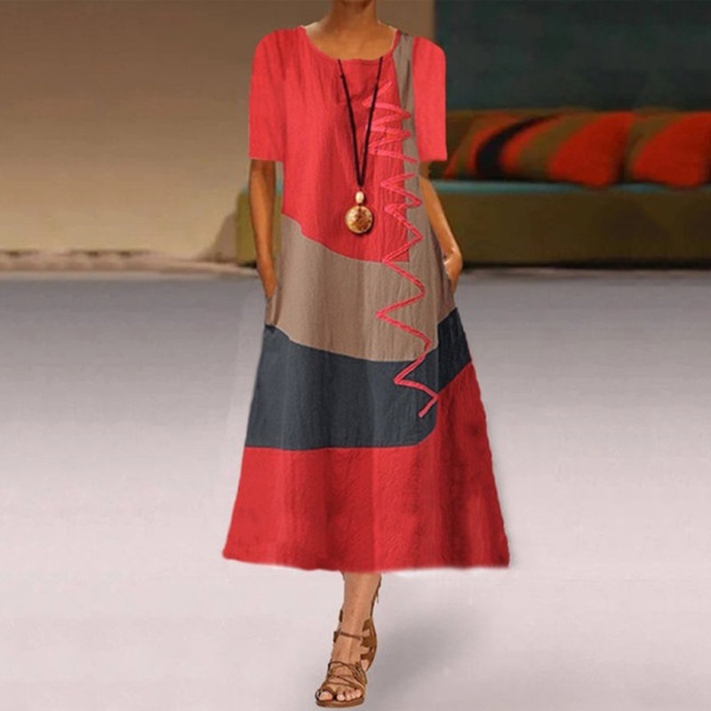 Long Summer Dresses for Women Casual Plus Size Daily Short Sleeve Vintage Patchwork Bohemian O Neck Maxi Dress 210303