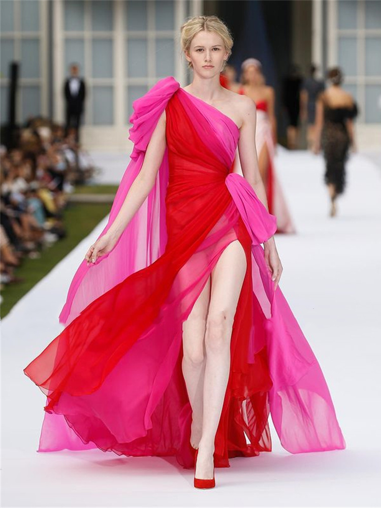 2022 Sexy Red Pink Evening Party Dresses Side Slit Chiffon One Shoulder Prom Dress Strap Sleeveless Long Runway Pageant Special Occasion Gowns Vestido