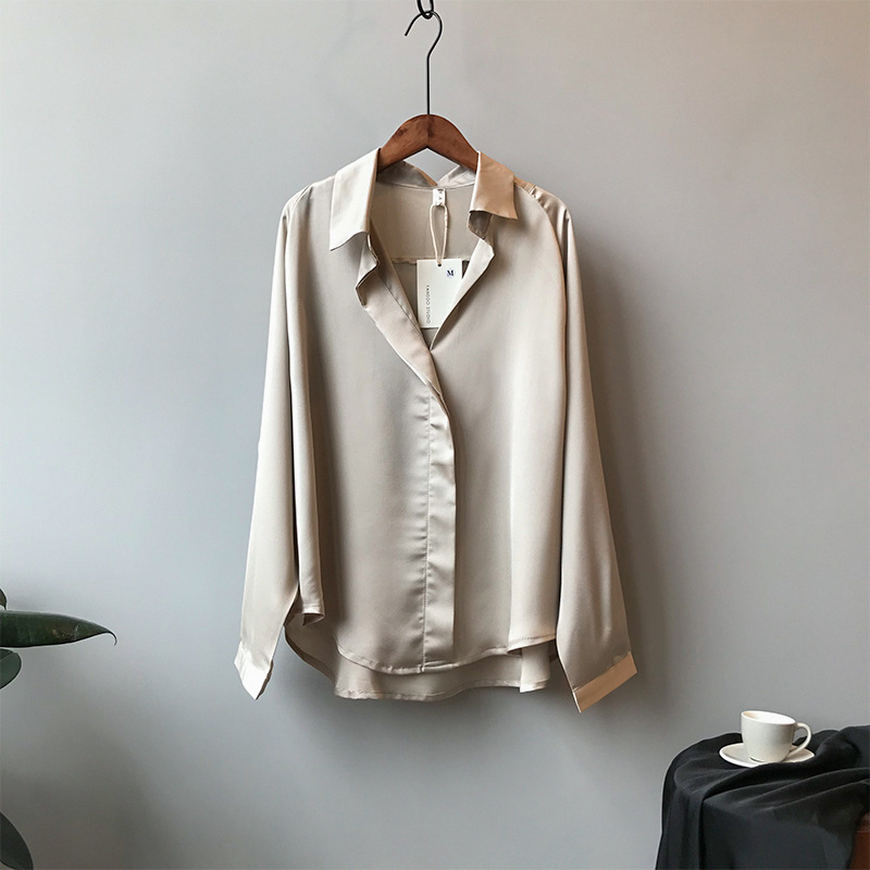 Spring Autumn Solid Blouse Women New Casual Silk Satin Women Blouses Vintage V Neck Office Lady Long Sleeve Shirt Tops 5273 210225