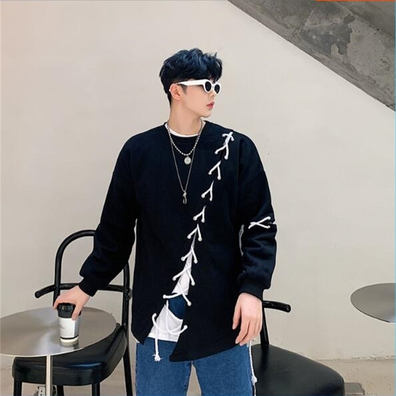 Autumn alternative belt joining loose mens hoodies streetwear casual fashion hip hop homme pullovers 201020