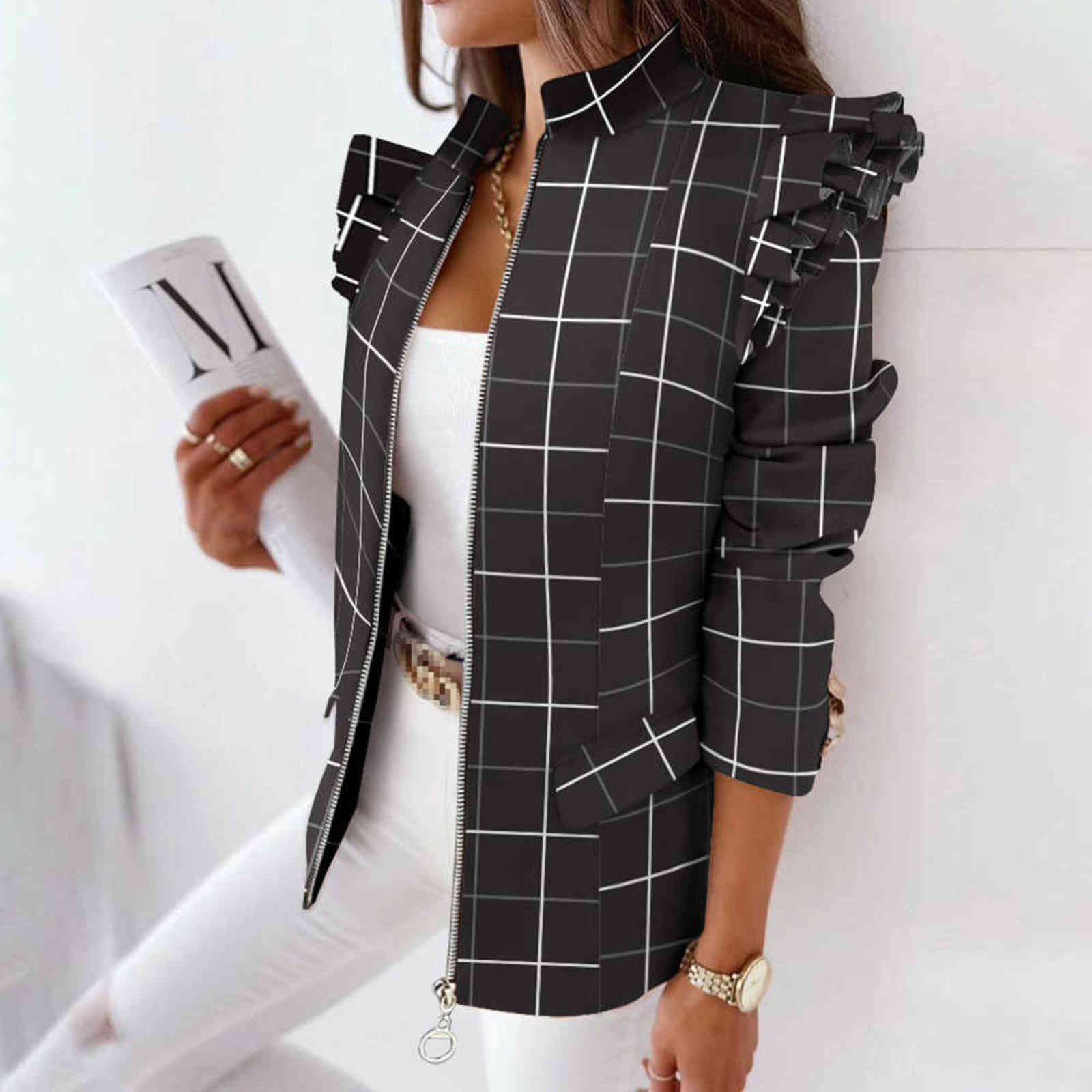 Casual Plaid Zip Blazer Jacket Women Spring Fall Long Sleeve Stand Neck Slim Coats Elegant Leopard Ruffle Office Suit Coat 211122