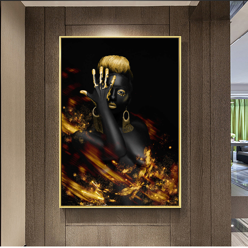 Canvas Painting Golden Black Woman Wall Art Pictures Posters and Prints for living room Modern Sexy Girl Decoration