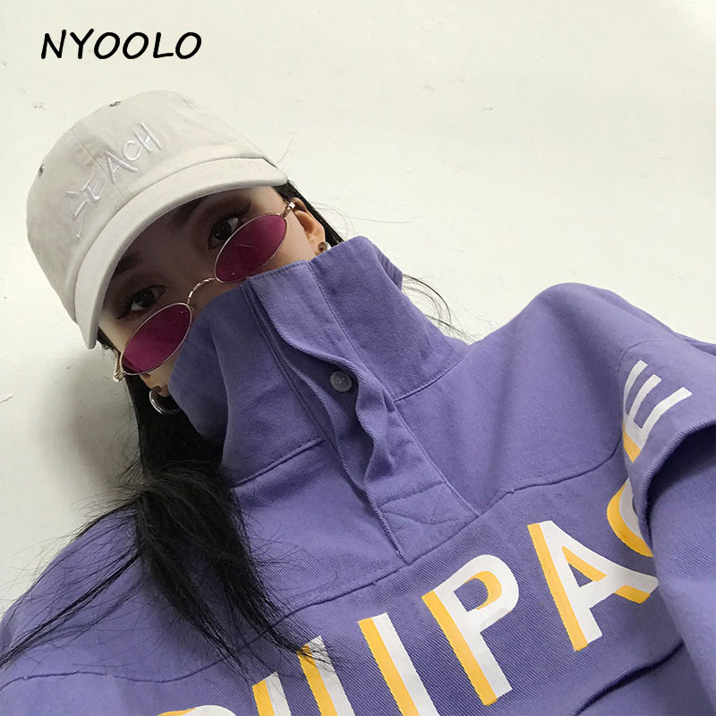 NYOOLO Autumn Harajuku style loose letters print turtleneck Hoodies long sleeve hooded pullovers Sweatshirt womenmen cloth tops T200407