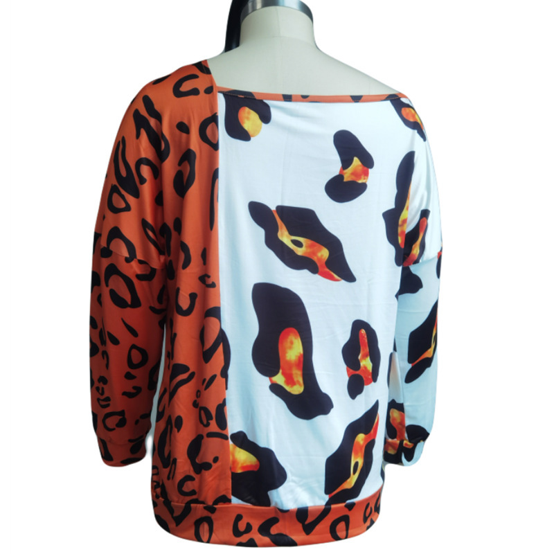 Women's Tops Tees T-Shirt Spot European American style 2021 autumn winter oblique shoulder printing color matching long-sleeved top