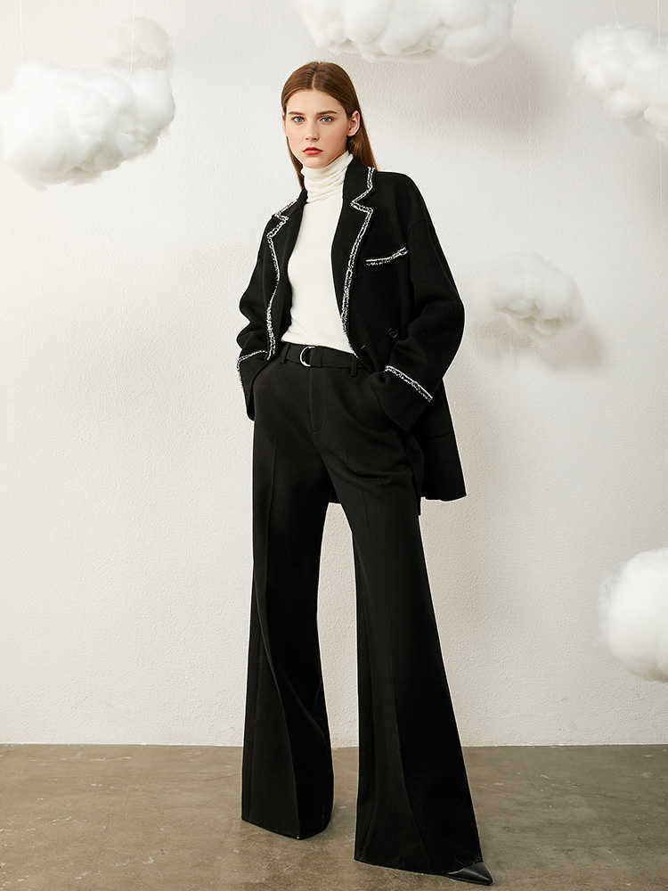 Minimalism Winter Fashion Woolen Suit Coat 100%wool Temperament Spliced Tassel Lapel Double breasted Female 1345 210527