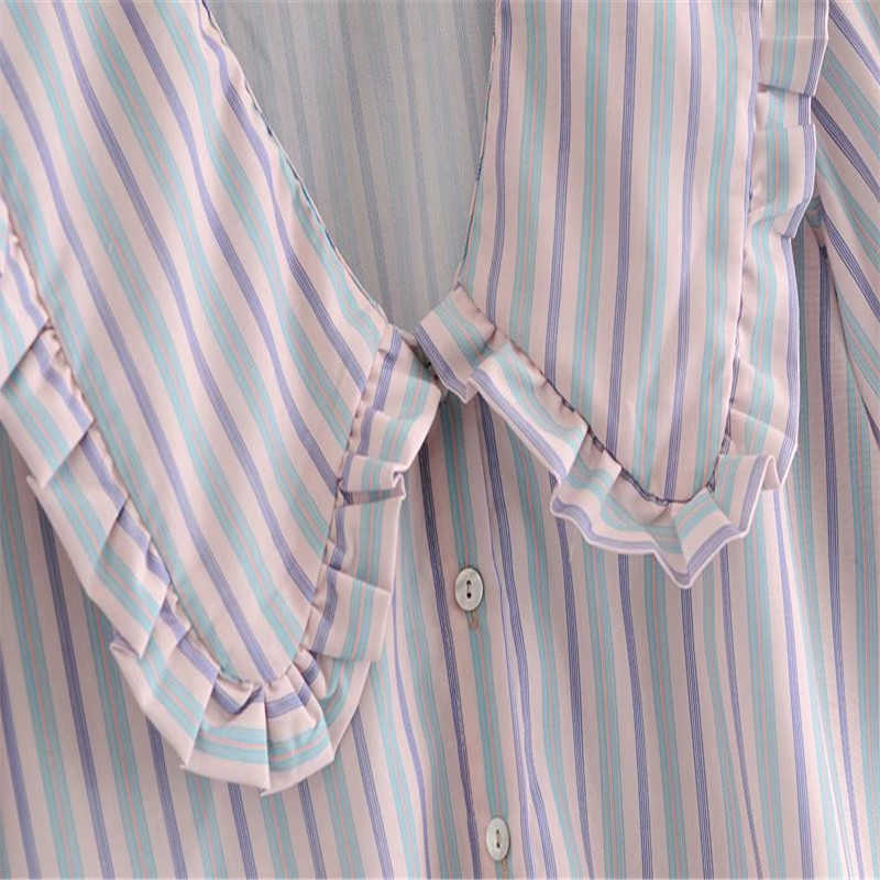 ZA Summer Striped Pink Shirt Women Short Puff Sleeve Peter Pan Collar Top Woman Fashion Front Button Vintage Blouse 210602