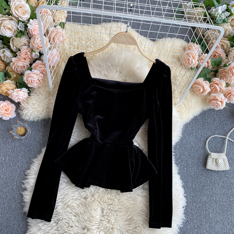 Lady New Fashion Square Collar Slim Retro Velvet Long Sleeve Tops Women Solid Color Casual Clothes Camisas Mujer Q760 210225