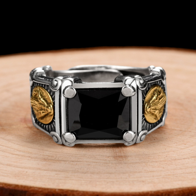 925 Sterling Silver Vintage Black Stone Virgin Mary Finger Ring for Men Women Open Cuff Band Rings Cubic Zirconia Onyx Jewelry Bijoux Birthday Christm
