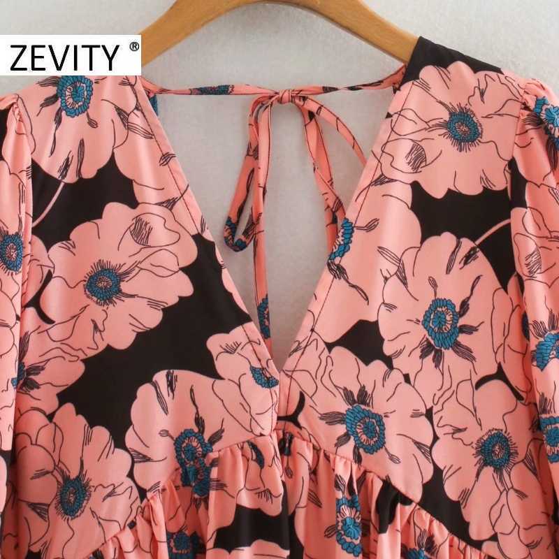 ZEVITY women vintage v neck tropical flower print mini dress female sexy backless elastic vestido chic casual dresses DS4502 210603