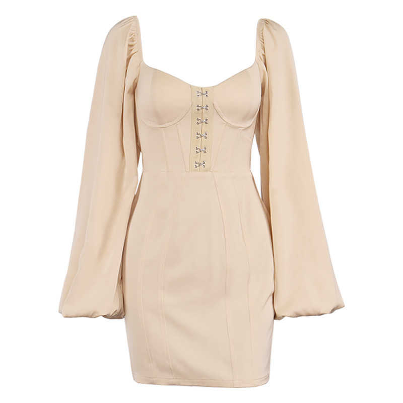 DEAT Women Spring Autumn Arrivals Solid Color Slim Long Lantern Sleeve Square Collar Sexy Temperament Dress MZ037 210709