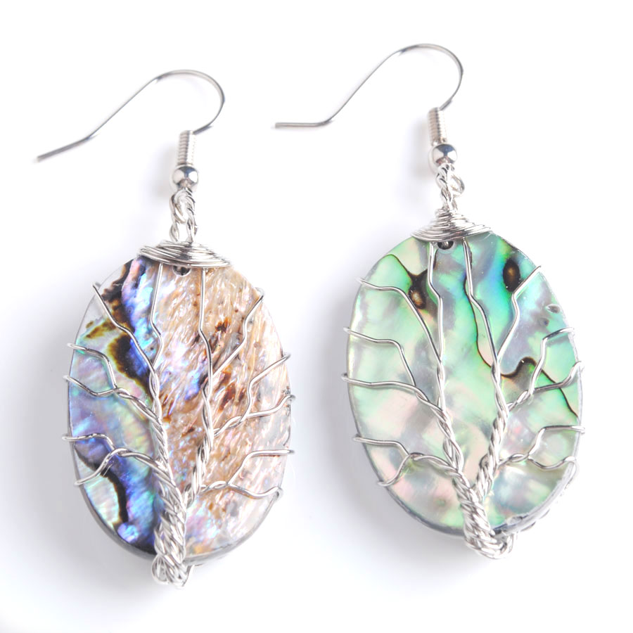 WOJIAER Natural Abalone Shell Pearl Dangle Earrings Women's Tree of Life Oval Drop Earring Cute Gifts Charm Jewelry BV907