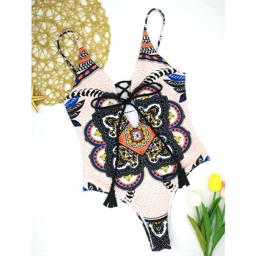 Vintage Print Swimsuit Women Swimwear Bandage Bodysuit Push Up Monokini Summer Bathing Suits Beach Wear 210625