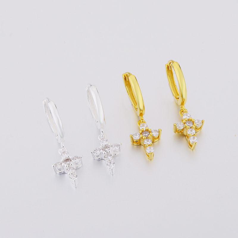 Women Authentic Fashion 925 Sterling Silver Gold Colors Luxury Crystal Cross Dangle Hoop Earrings Girls Round Earrings Jewelry Gift