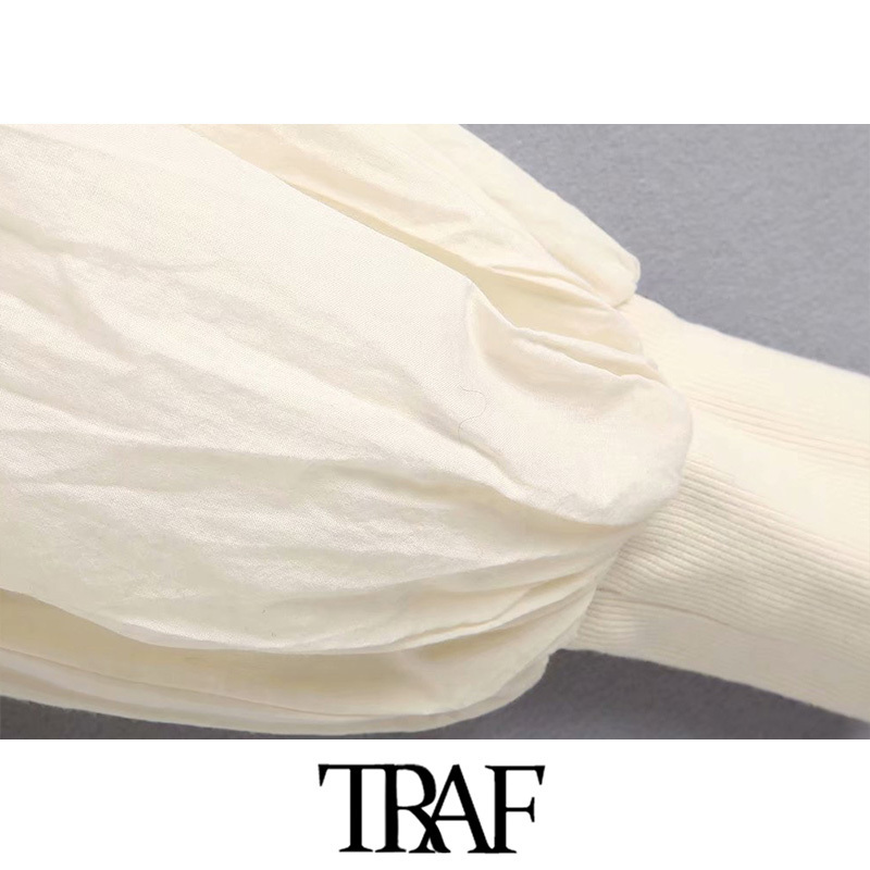 TRAF Women Vintage Stylish Solid Short Style Sweatshirt Fashion O Neck Long Puff Sleeve Elastic Waist Cozy Pullovers Chic Tops T200904