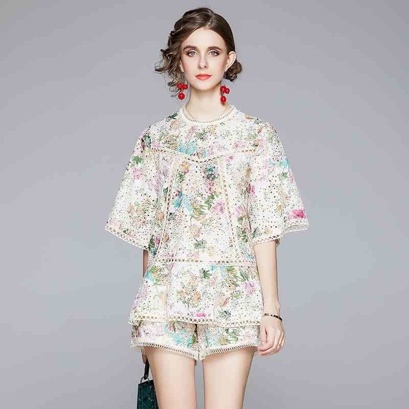 Summer Embroidery Print Hollow Out Two Piece set Women O Neck Short Sleeve Lace A-line Blouse and Wide Leg Shorts Suits Female 210525, Multi 
Summer Embroidery Print Hollow Out Two Piece set Women O Neck Short Sleeve Lace A-line Blouse and Wide Leg Shorts Suits Female 210525, Multi