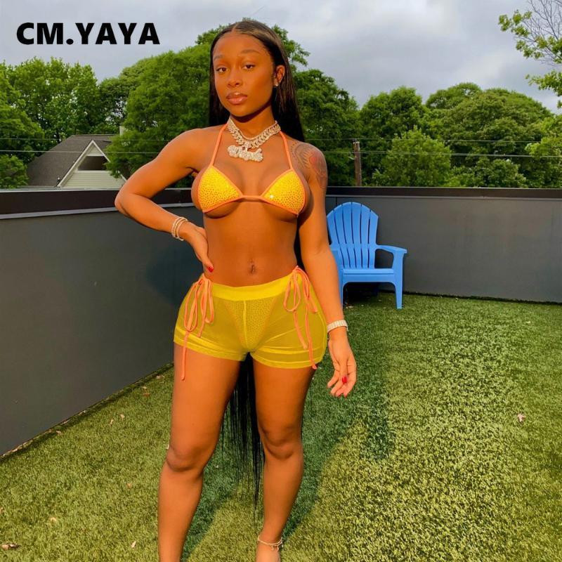 CM.YAYA Women Set Sexy Bikinis 3 Piece Wire Free Halter Tops Drawstring Underpants Mesh See-through Elastic Shorts Swimsuits Women's Swimwea, Yellow
CM.YAYA Women Set Sexy Bikinis 3 Piece Wire Free Halter Tops Drawstring Underpants Mesh See-through Elastic Shorts Swimsuits Women's Swimwea, Yellow