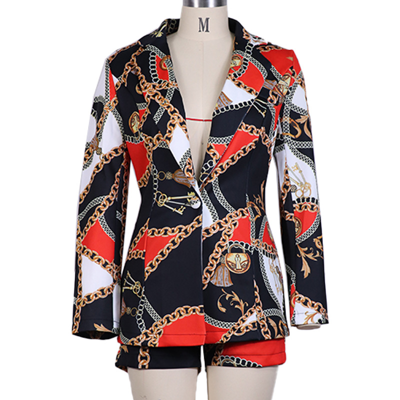 Women's Two Piece Pants Abstract Colorblock Print Single Button Tailored Blazer & Shorts Set