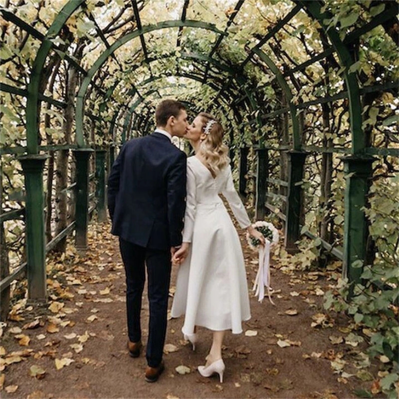 2022 Long Sleeves A-Line Satin Wedding Dress Vintage Spring Bridal Gowns Tea Length Tailor Made Bride's Dresses Vestidos De Noiva