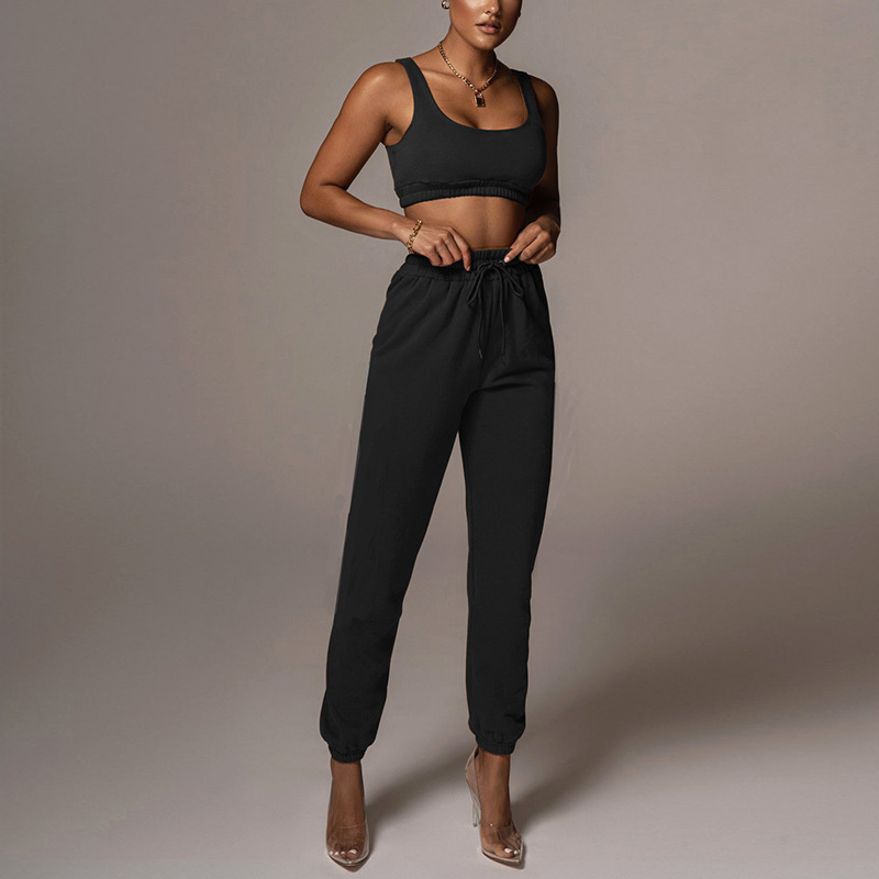 Women Tracksuit Sexy Crop Tops Sweatpants Casual Tank Tops Pocket Pants Pullover Elastic Trousers Sportwear Streetwear Outfits 210304