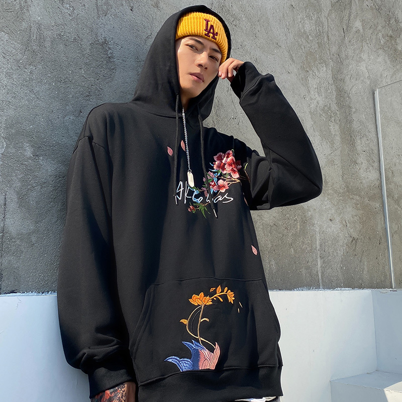 Hip Hop Men Streetwear Hoodie Japan Sakura Embroidery Wonderland Print Sweatshirt Autumn Casual Floral Hoodie Cotton Black 201020