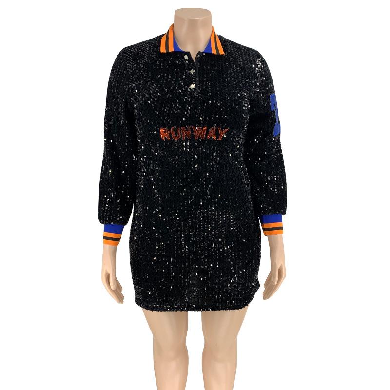 Plus Size 5XL Women Luxury Celebrity Evening Runway Party Dress Vestidos Sexy Black Long Sleeve Sequined Mini Club Dress