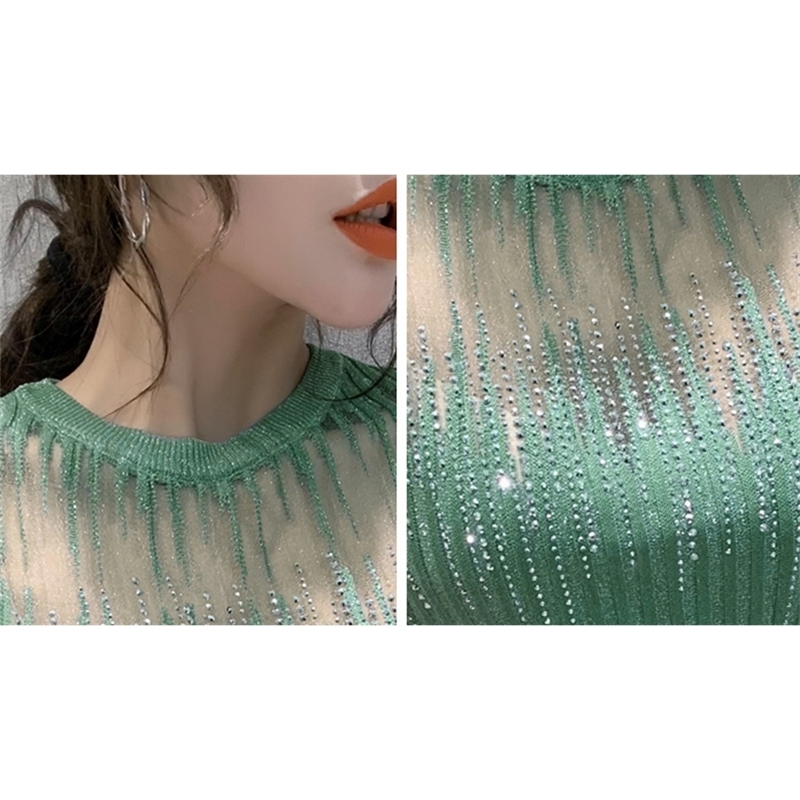 Summer Korean Clothes Knit T-shirt Sexy Diamonds Transparent Women Tops Ropa Mujer Shirt Short Sleeve Elastic Tees T04915 210302