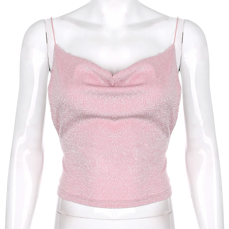 SUCHCUTE Spaghetti Straps female T-shirt Glitter backless tops loose spring simple women tee chrismas party outfits 210306