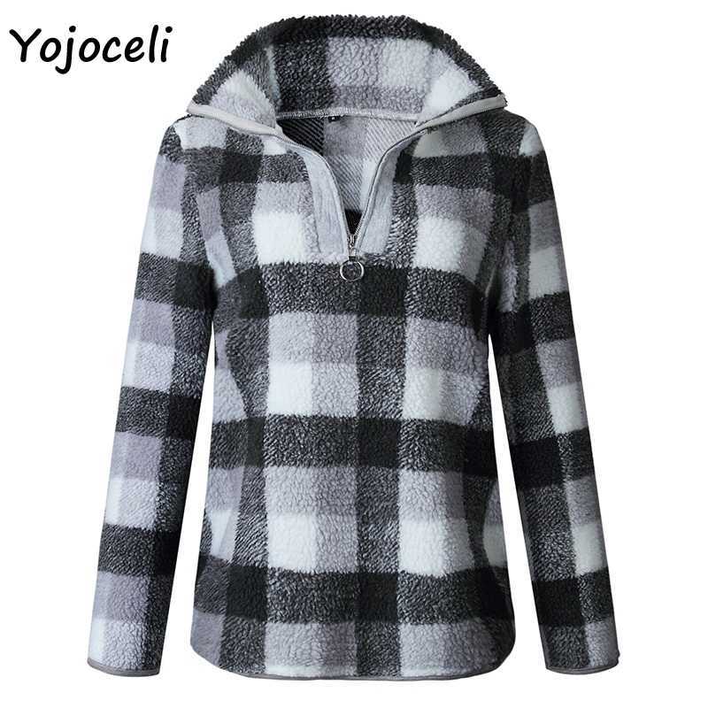 Yojoceli winter warm fleece sweatshirt streetwear women pullovers loose style plaid sweater 210609