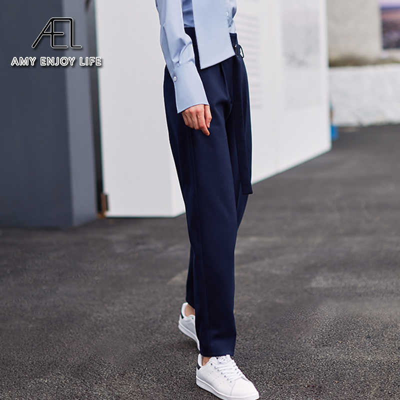 AEL navy blue suit pants woman high waist loose casual sashes office ladies long autumn 211115