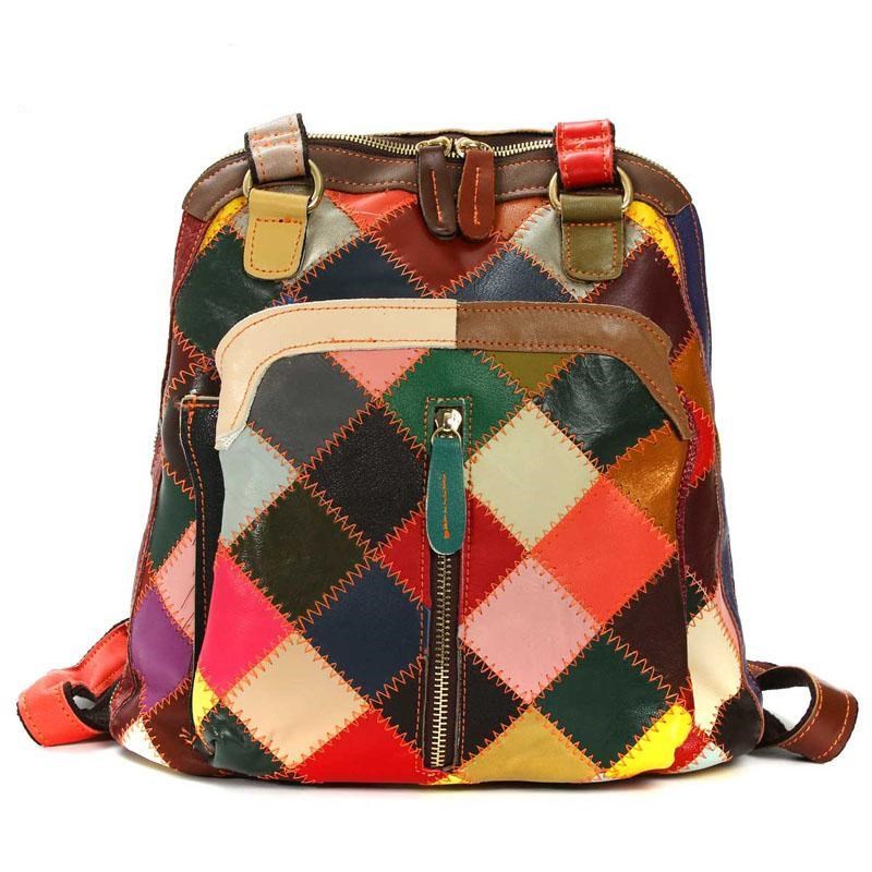New Personalized retro style backpack designer women color mosaic lattice pattern backpack leather schoolbag leisure shoulder bag schoolbag