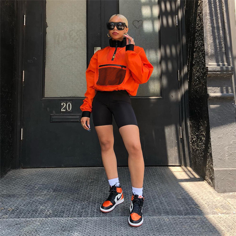 Women spring Orange Half Open Collar Loose Top pullover New Chest Mesh Decoration Sweatshirt Casual Coat Active Wear T200525