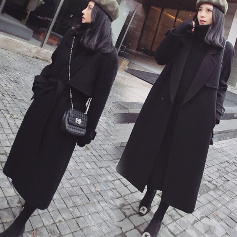 KUEZLE Parkas Spring Woolen Coat Women Long Woolen Coat Female Black Winter Coats Long Outerwear for Women SMLXLXXL T190903