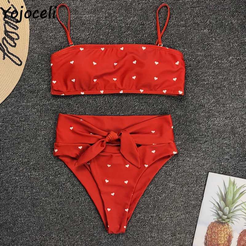 Yojoceli Elegant heart print bow swimming suit for women Summer beach cool swimwear girl Sexy strap 2 pieces tankini 210609