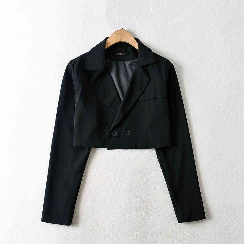 Women jacket double breasted blazer casual cropped women solid long sleeve coat with pocket black loose 211122