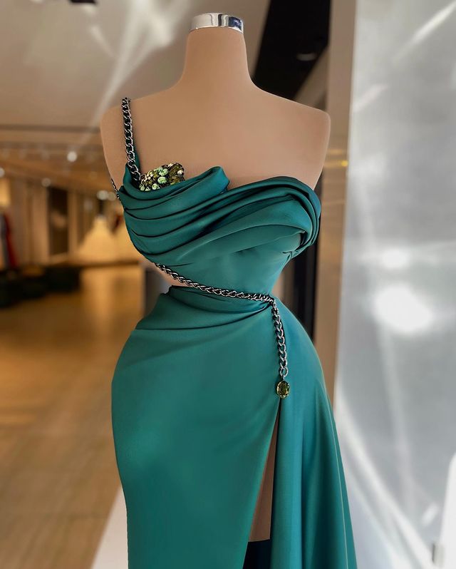 Aso Ebi 2021 Arabic Hunter Green Stylish Evening Dresses One Shoulder Prom Dresses High Split Formal Party Second Reception Gowns ZJ477