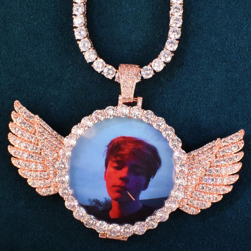Chains Round Angel Wing Custom Po Pendant Hollow Back Make Memory Picture Hip Hop Necklace Chain For Men Women Jewelry