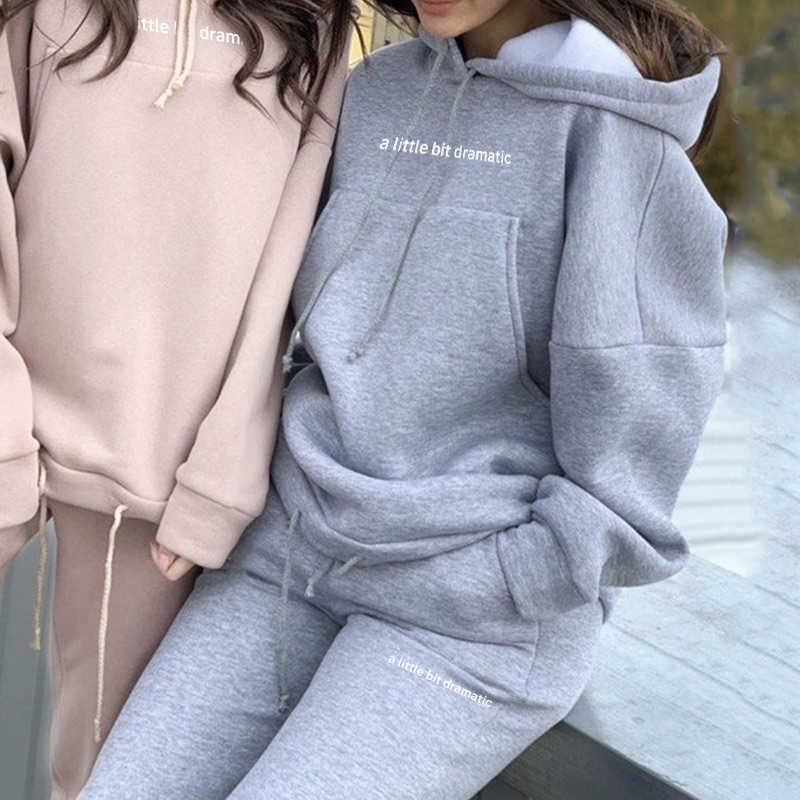 Letter Print Drawstring Hooded Women's Tracksuit Set Hoodies Long Sleeve Sweatshirt Pants 2 Pieces Set Female Tracksuits 210709