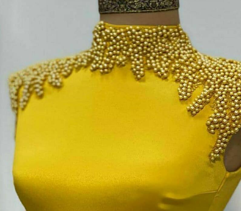 Aso Ebi 2021 Arabic Gold Sexy Sheath Evening Dresses Pearls High Split Prom Dresses Satin Formal Party Second Reception Gowns ZJ554