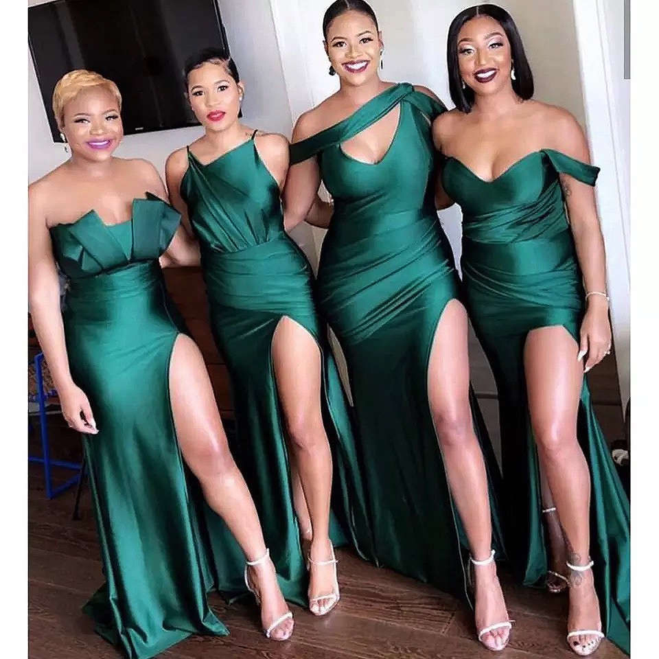 Dark Green Bridesmaid Dresses Mermaid Slit Satin Silk Maid of Honor Dresses Formal Strapless Wedding Party Gowns African