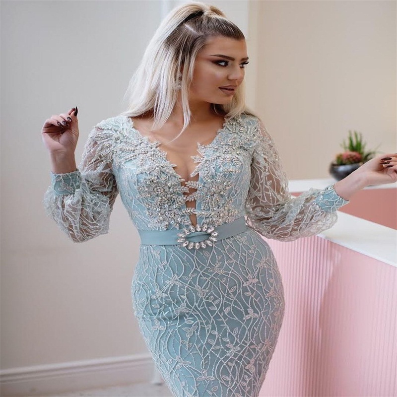 Luxury Crystal Mermaid Prom Dresses With Belt Long Sleeves Evening Dresses Beads Appliqued Dubai Arabic Sweep Train Custom Made Pageant Gown