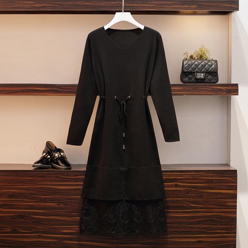Plus Size Women Knitted Office Lace Dress Autumn Winter es Brief V-neck Warm Drawstring Midi Female Black Sweater 210603
Plus Size Women Knitted Office Lace Dress Autumn Winter es Brief V-neck Warm Drawstring Midi Female Black Sweater 210603